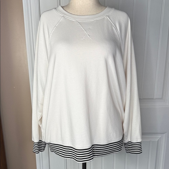 Lou & Grey White and Black Striped Hem Sweatshirt Sz Large - Picture 1 of 13